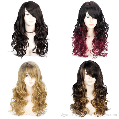 Vigorous Long Ombre Red Big Wave Synthetic Wigs for Women Side Parting with Bangs Heat Resistant Wavy Cosplay Wigs